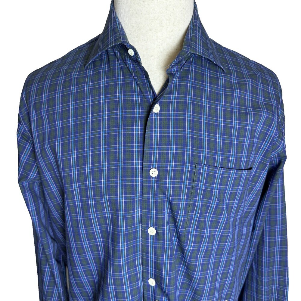 Peter Millar Men's Button Down, Blue & Green Plaid, Sz L, Stretch, Dry Cleaned